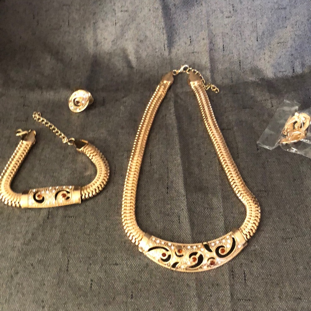 Necklace, bracelet,ring and earring set gold tone